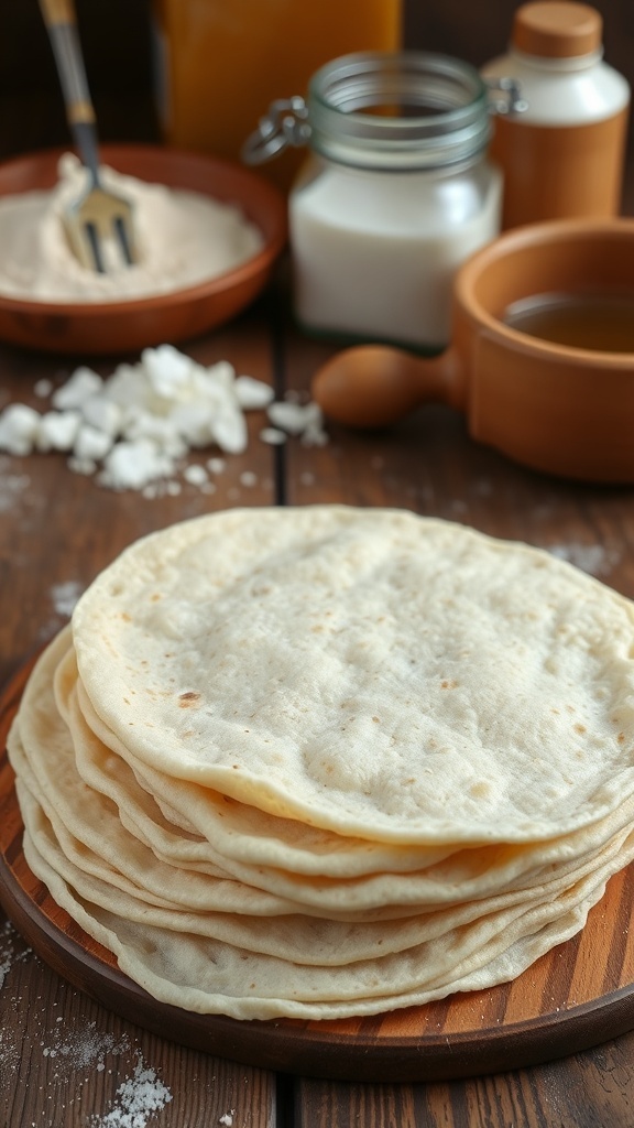 Homemade Flour Tortillas Recipe A stack of soft, golden flour tortillas on a wooden table with cooking ingredients in the background.